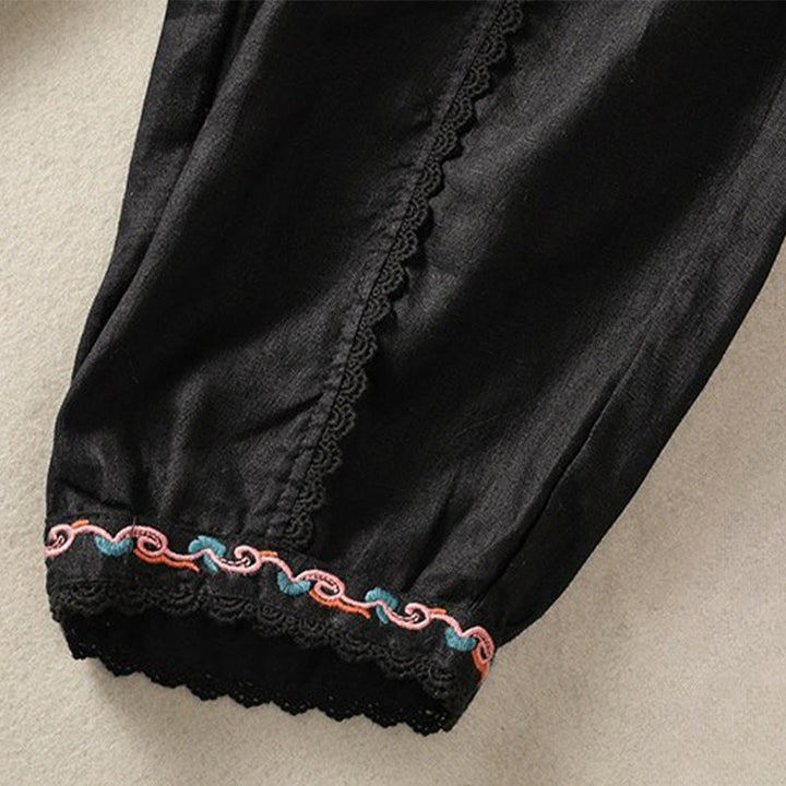 Pantalon sarouel décontracté en coton et lin avec poches pour femme, longueur 7-8, motif Buddha Stones, uni, en dentelle sur les côtés