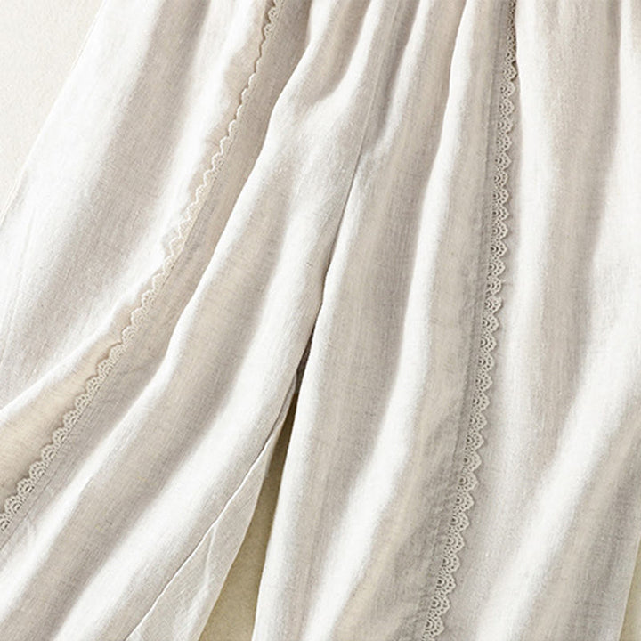 Pantalon sarouel décontracté en coton et lin avec poches pour femme, longueur 7-8, motif Buddha Stones, uni, en dentelle sur les côtés