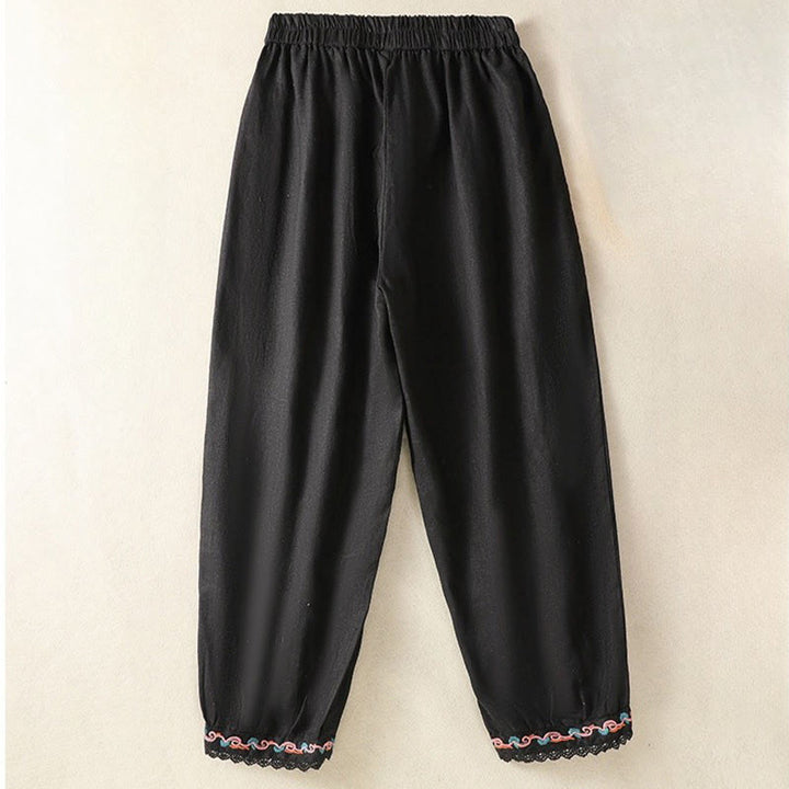 Pantalon sarouel décontracté en coton et lin avec poches pour femme, longueur 7-8, motif Buddha Stones, uni, en dentelle sur les côtés