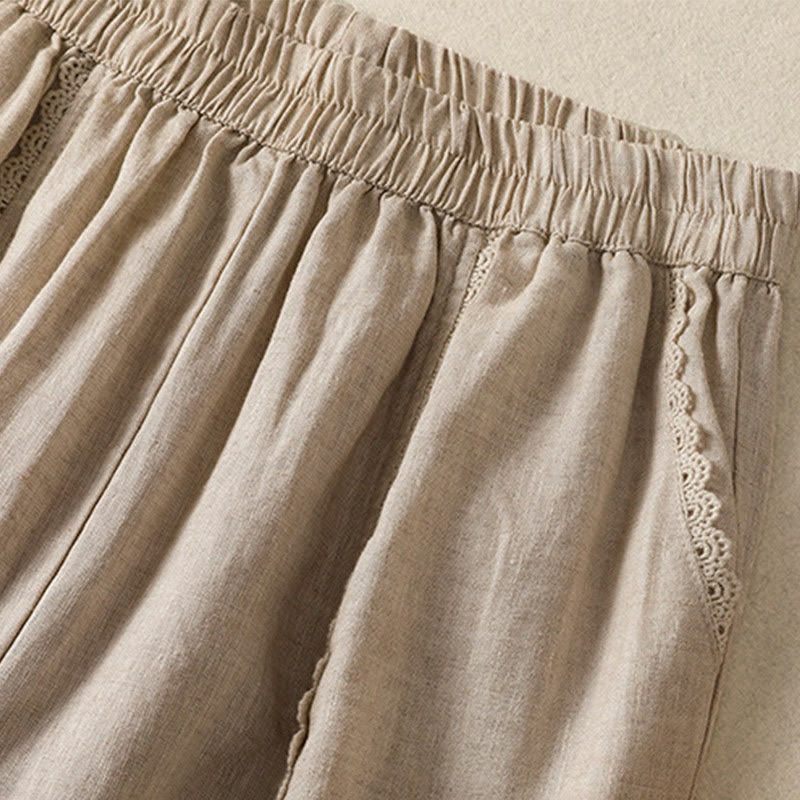 Pantalon sarouel décontracté en coton et lin avec poches pour femme, longueur 7-8, motif Buddha Stones, uni, en dentelle sur les côtés