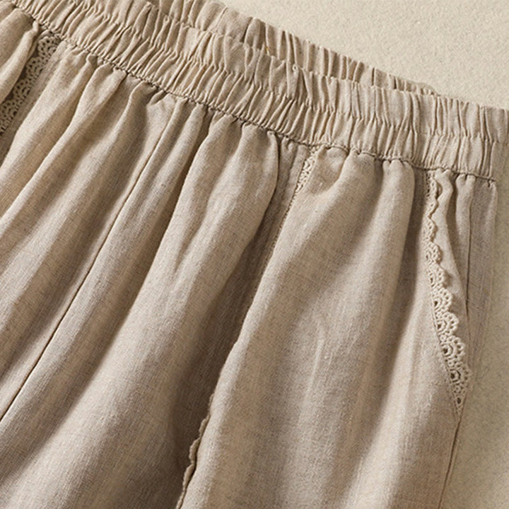 Pantalon sarouel décontracté en coton et lin avec poches pour femme, longueur 7-8, motif Buddha Stones, uni, en dentelle sur les côtés