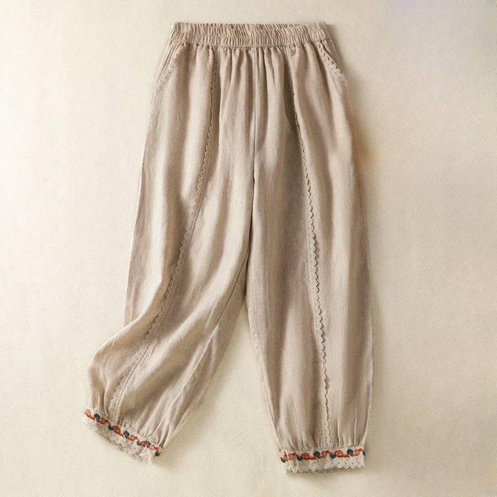 Pantalon sarouel décontracté en coton et lin avec poches pour femme, longueur 7-8, motif Buddha Stones, uni, en dentelle sur les côtés