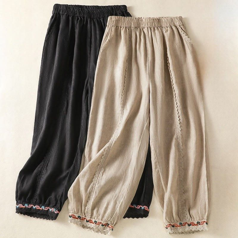 Pantalon sarouel décontracté en coton et lin avec poches pour femme, longueur 7-8, motif Buddha Stones, uni, en dentelle sur les côtés
