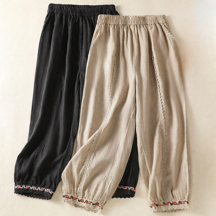 Pantalon sarouel décontracté en coton et lin avec poches pour femme, longueur 7-8, motif Buddha Stones, uni, en dentelle sur les côtés