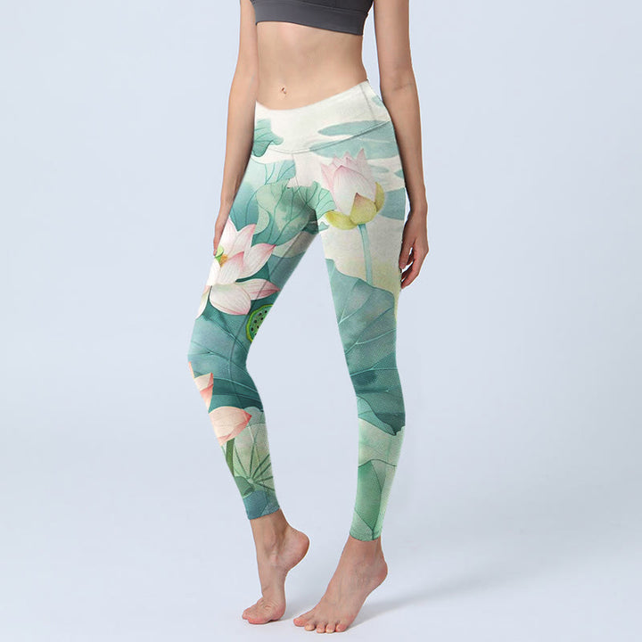 Leggings de sport imprimés Buddha Stones, fleurs de lotus, feuilles et gousses de lotus, pantalons de yoga pour femmes - Crème à la menthe - US18，UK/AU22，EU50 (4XL) - image 0