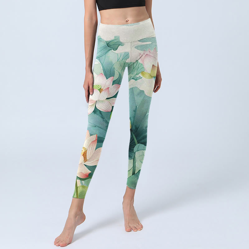 Leggings de sport imprimés Buddha Stones, fleurs de lotus, feuilles et gousses de lotus, pantalons de yoga pour femmes - image 6