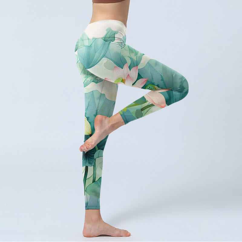 Leggings de sport imprimés Buddha Stones, fleurs de lotus, feuilles et gousses de lotus, pantalons de yoga pour femmes - image 5