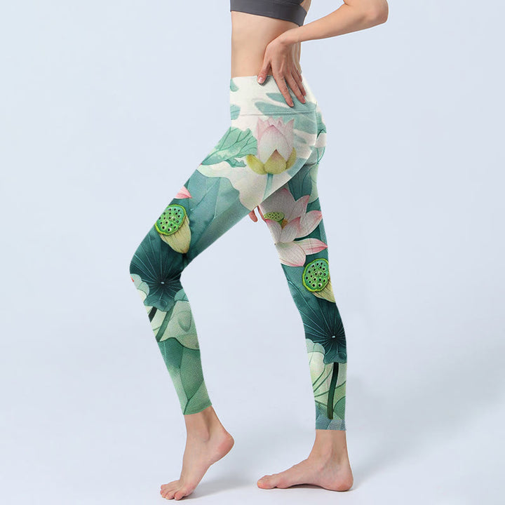 Leggings de sport imprimés Buddha Stones, fleurs de lotus, feuilles et gousses de lotus, pantalons de yoga pour femmes - image 2