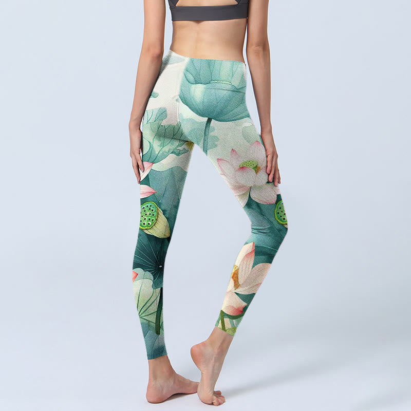 Leggings de sport imprimés Buddha Stones, fleurs de lotus, feuilles et gousses de lotus, pantalons de yoga pour femmes - image 3