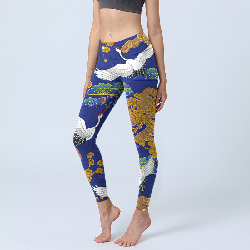 Leggings de sport imprimés Buddha Stones, grue à couronne rouge volante, pin, fleurs, pantalons de yoga pour femmes - Bleu moyen - US18，UK/AU22，EU50 (4XL) - image 0