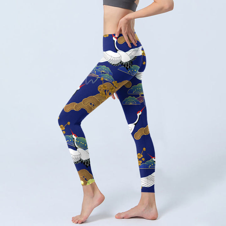 Leggings de sport imprimés Buddha Stones, grue à couronne rouge volante, pin, fleurs, pantalons de yoga pour femmes - image 3