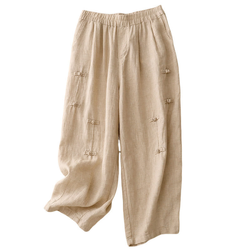 Pantalon Buddha Stones décontracté en coton et lin avec poches pour femme, style décontracté, uni, avec boutons grenouille, longueur 7-8 - image 16