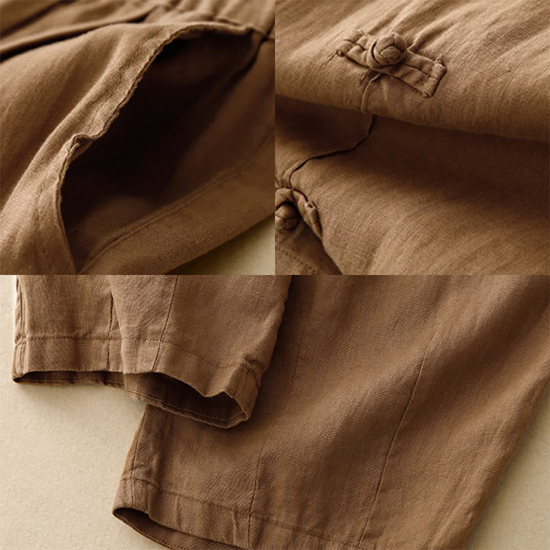 Pantalon Buddha Stones décontracté en coton et lin avec poches pour femme, style décontracté, uni, avec boutons grenouille, longueur 7-8 - image 2