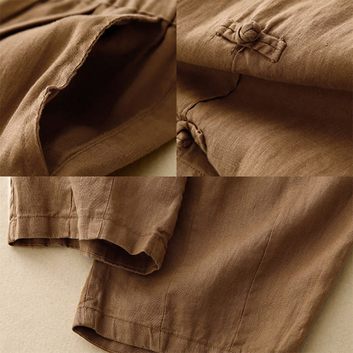 Pantalon Buddha Stones décontracté en coton et lin avec poches pour femme, style décontracté, uni, avec boutons grenouille, longueur 7-8 - image 2