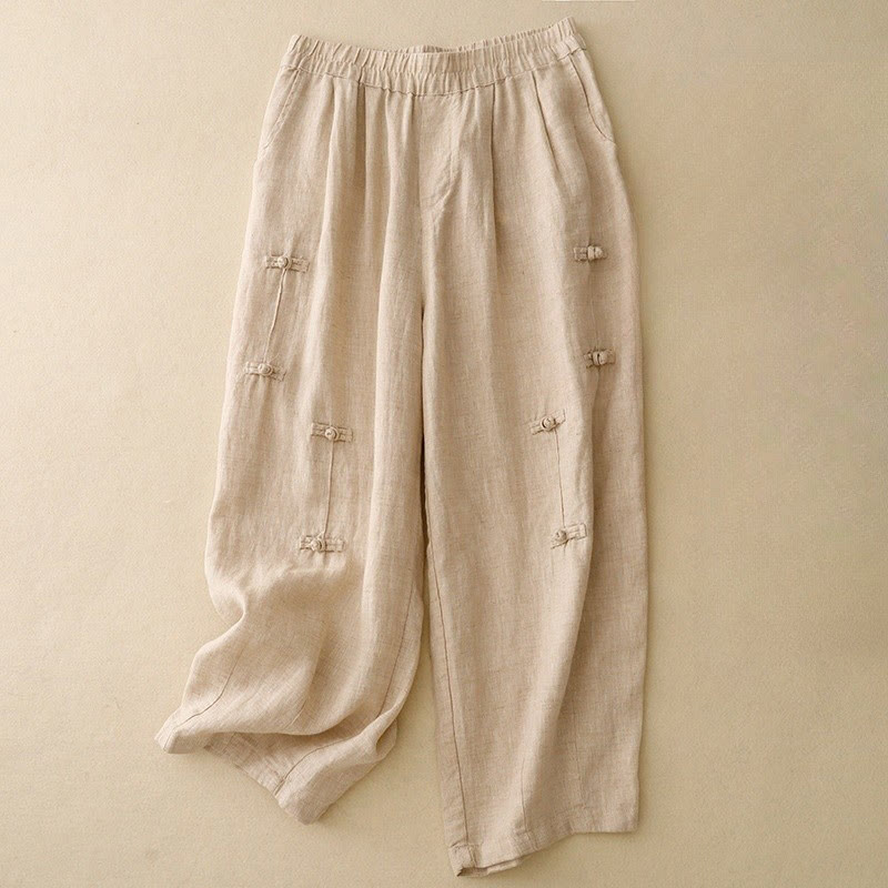 Pantalon Buddha Stones décontracté en coton et lin avec poches pour femme, style décontracté, uni, avec boutons grenouille, longueur 7-8 - Blé - US8-10，UK/AU12-14，EU40-42 (2XL) - image 7