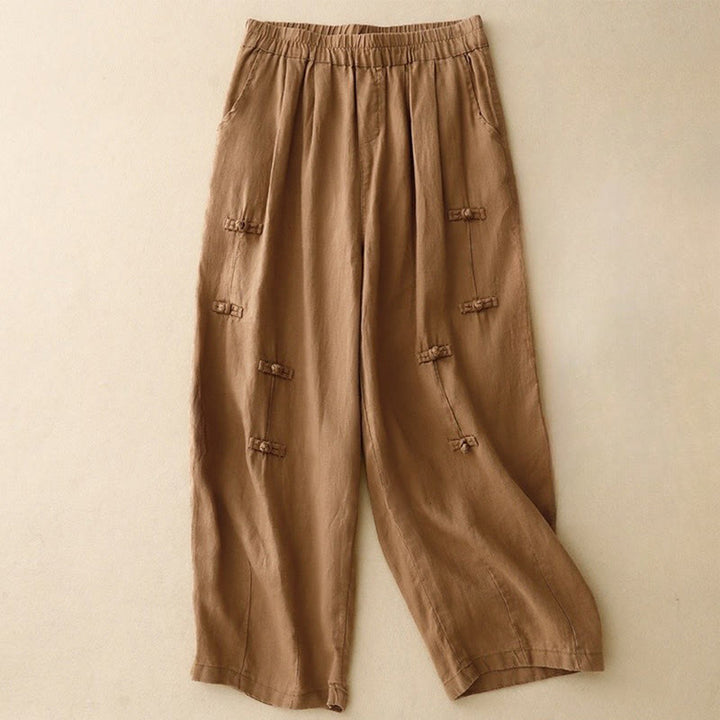 Pantalon Buddha Stones décontracté en coton et lin avec poches pour femme, style décontracté, uni, avec boutons grenouille, longueur 7-8 - Pérou - US8-10，UK/AU12-14，EU40-42 (2XL) - image 0