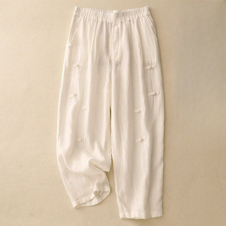Pantalon Buddha Stones décontracté en coton et lin avec poches pour femme, style décontracté, uni, avec boutons grenouille, longueur 7-8 - OldLace - US8-10，UK/AU12-14，EU40-42 (2XL) - image 3