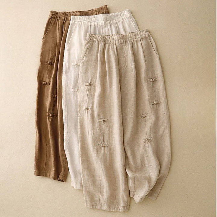 Pantalon Buddha Stones décontracté en coton et lin avec poches pour femme, style décontracté, uni, avec boutons grenouille, longueur 7-8 - image 17