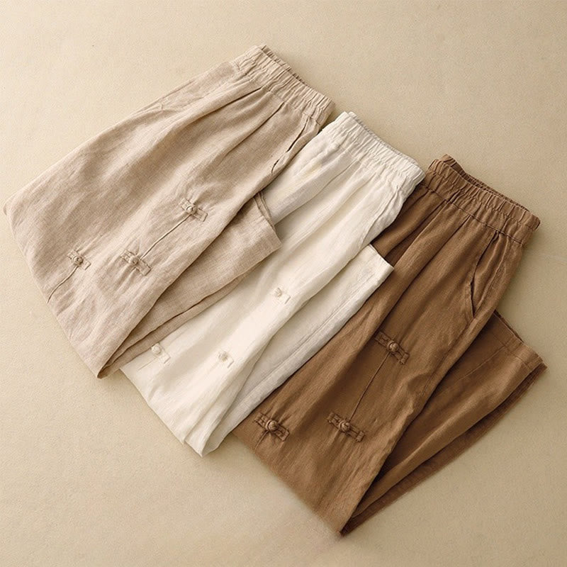 Pantalon Buddha Stones décontracté en coton et lin avec poches pour femme, style décontracté, uni, avec boutons grenouille, longueur 7-8 - image 18