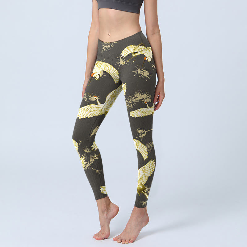 Leggings de sport à imprimé Buddha Stones , grue à couronne rouge volante, branches et aiguilles de pin, pantalons de yoga pour femmes - Noir - US18，UK/AU22，EU50 (4XL) - image 1