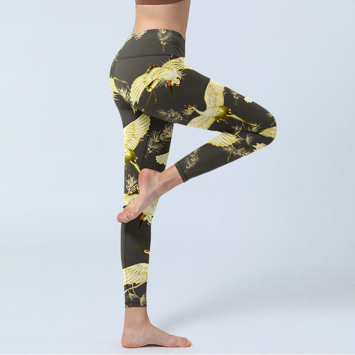 Leggings de sport à imprimé Buddha Stones , grue à couronne rouge volante, branches et aiguilles de pin, pantalons de yoga pour femmes - image 4