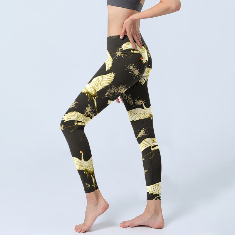 Leggings de sport à imprimé Buddha Stones , grue à couronne rouge volante, branches et aiguilles de pin, pantalons de yoga pour femmes - image 3