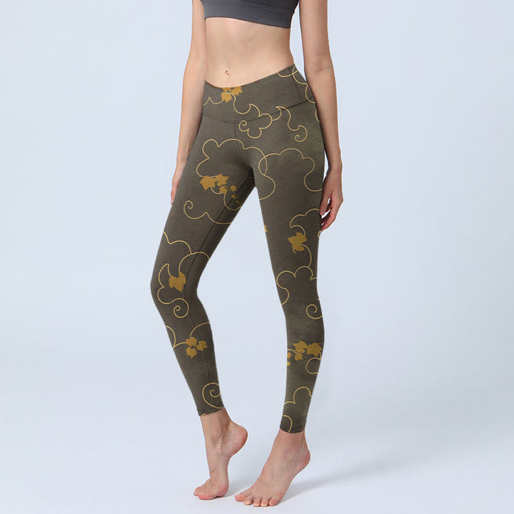 Leggings de sport imprimés feuilles d' Buddha Stones et nuages ​​de bon augure pour femmes, pantalons de yoga - SaddleBrown - US18，UK/AU22，EU50 (4XL) - image 0