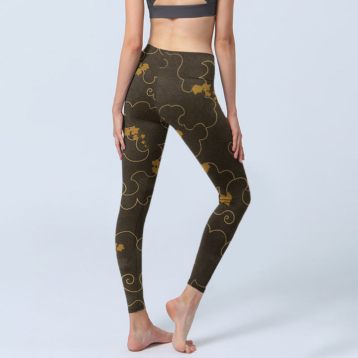 Leggings de sport imprimés feuilles d' Buddha Stones et nuages ​​de bon augure pour femmes, pantalons de yoga - image 3