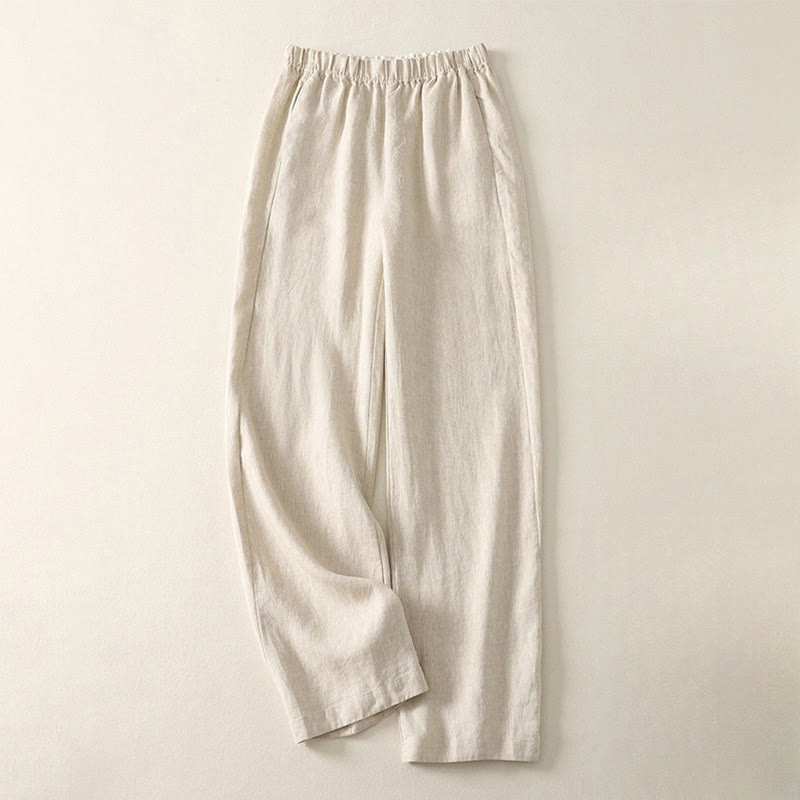 Pantalon femme en coton et lin avec poches, motif Buddha Stones Daily, simple et uni - Beige - US8-10，UK/AU12-14，EU40-42 (2XL) - image 0
