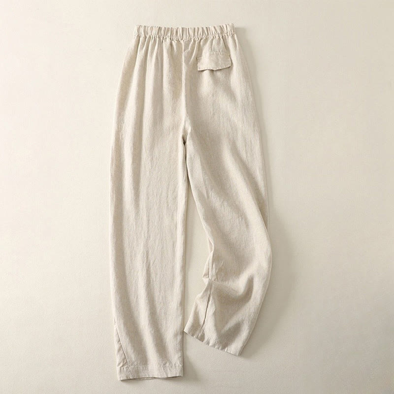 Pantalon femme en coton et lin avec poches, motif Buddha Stones Daily, simple et uni - image 1