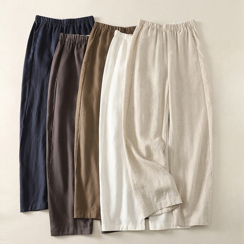 Pantalon femme en coton et lin avec poches, motif Buddha Stones Daily, simple et uni