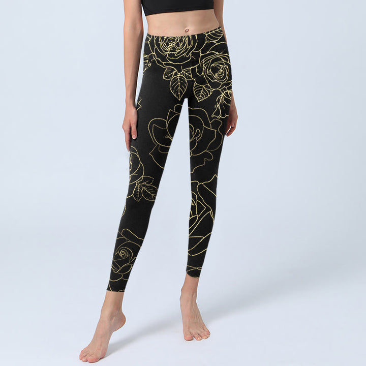 Leggings de sport imprimés Buddha Stones, roses, feuilles, lignes dorées, pantalons de yoga pour femmes - image 6