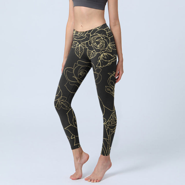 Leggings de sport imprimés Buddha Stones, roses, feuilles, lignes dorées, pantalons de yoga pour femmes - Noir - US18，UK/AU22，EU50 (4XL) - image 0