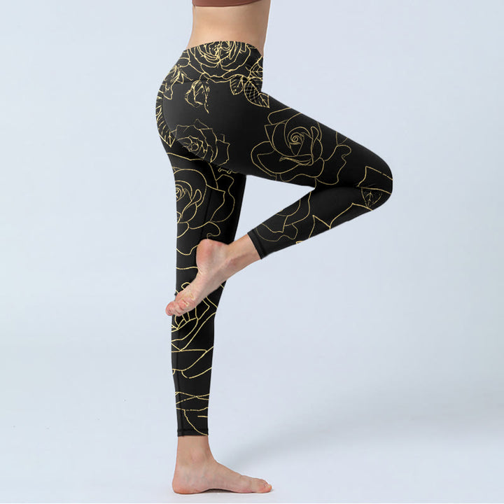 Leggings de sport imprimés Buddha Stones, roses, feuilles, lignes dorées, pantalons de yoga pour femmes - image 4