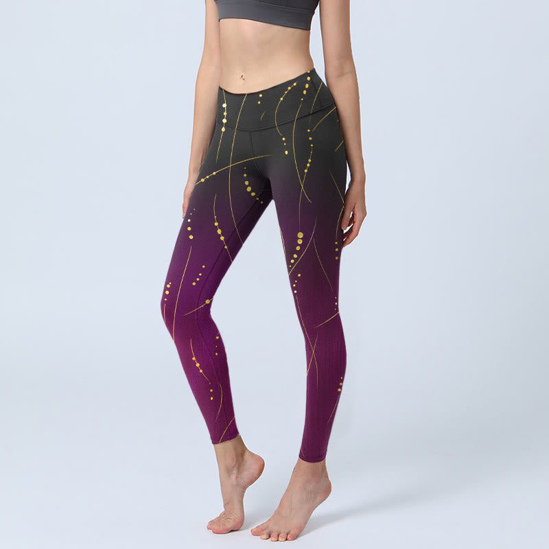 Leggings de sport à imprimé abstrait de Buddha Stones , dégradé fin et long, motif de lignes dorées, pantalon de yoga pour femme - Violet - US18，UK/AU22，EU50 (4XL) - image 0