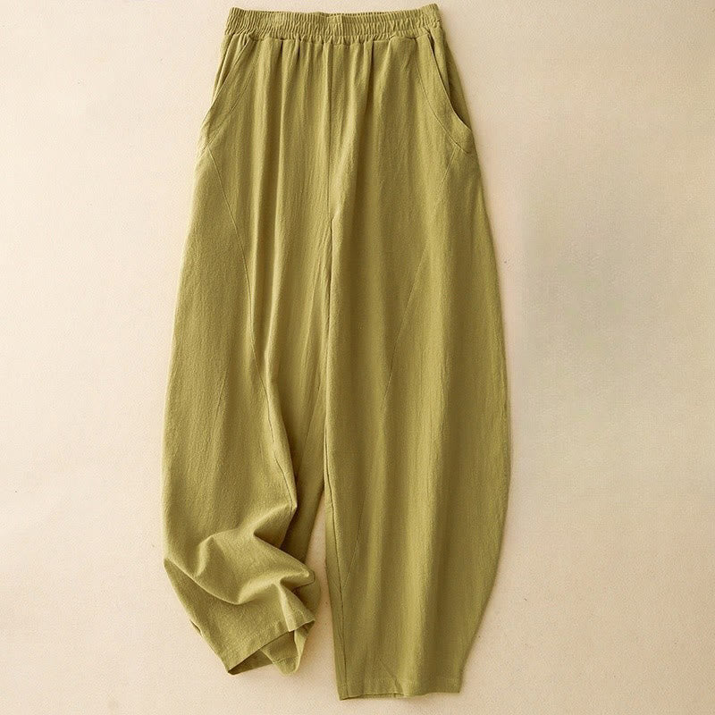 Pantalon femme en coton et lin avec poches et ceinture élastique Buddha Stones Daily - JauneVert - US8-10，UK/AU12-14，EU40-42 (2XL) - image 0