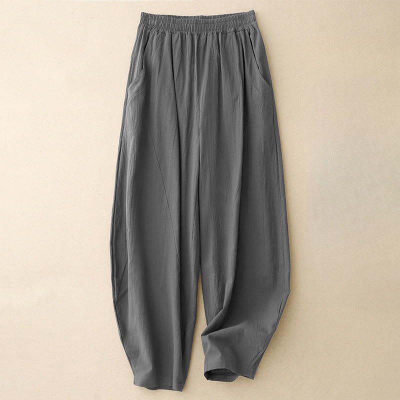 Pantalon femme en coton et lin avec poches et ceinture élastique Buddha Stones Daily - Gris ardoise - US8-10，UK/AU12-14，EU40-42 (2XL) - image 3
