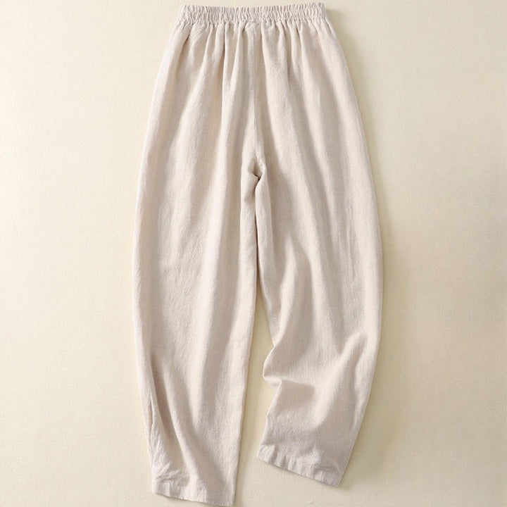 Pantalon femme polyvalent et décontracté en coton et lin avec ceinture élastique et poches, couleur unie, motif Buddha Stones