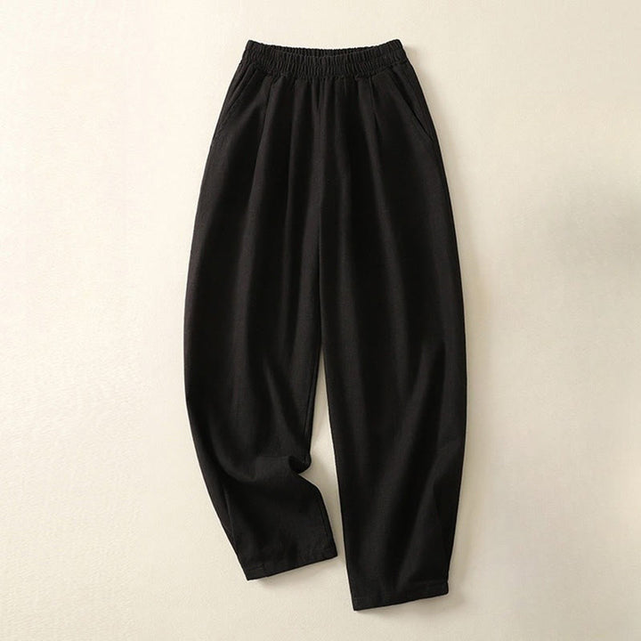 Pantalon femme polyvalent et décontracté en coton et lin avec ceinture élastique et poches, couleur unie, motif Buddha Stones