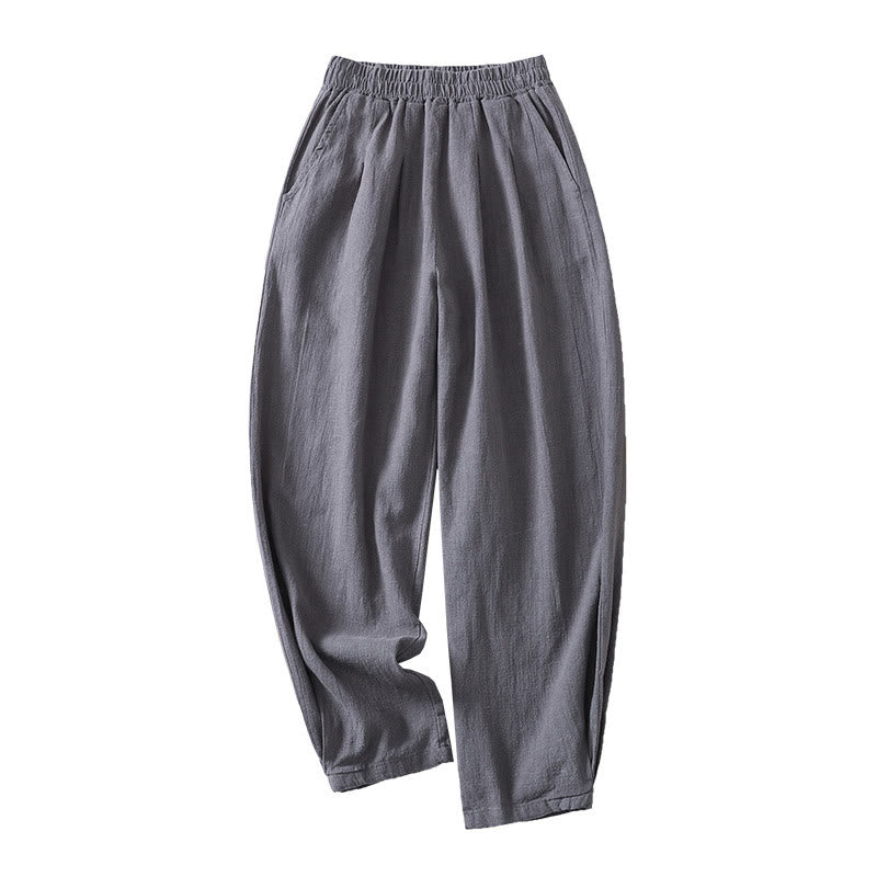 Pantalon femme polyvalent et décontracté en coton et lin avec ceinture élastique et poches, couleur unie, motif Buddha Stones