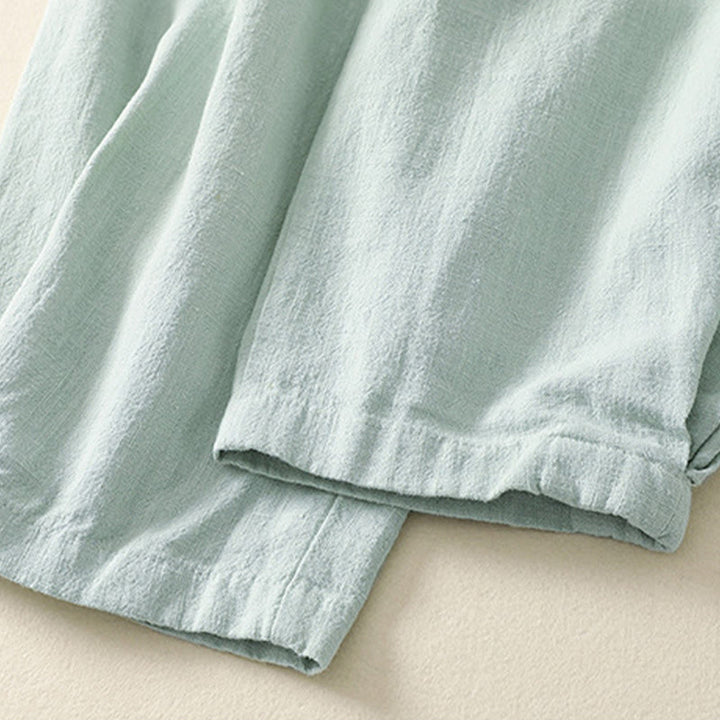 Pantalon femme polyvalent et décontracté en coton et lin avec ceinture élastique et poches, couleur unie, motif Buddha Stones