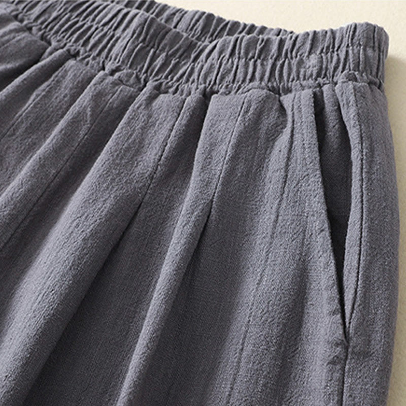 Pantalon femme polyvalent et décontracté en coton et lin avec ceinture élastique et poches, couleur unie, motif Buddha Stones