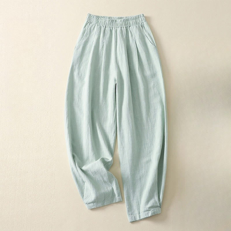 Pantalon femme polyvalent et décontracté en coton et lin avec ceinture élastique et poches, couleur unie, motif Buddha Stones