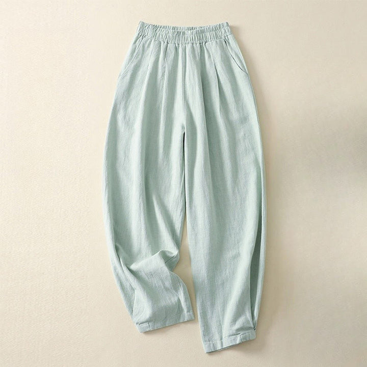 Pantalon femme polyvalent et décontracté en coton et lin avec ceinture élastique et poches, couleur unie, motif Buddha Stones
