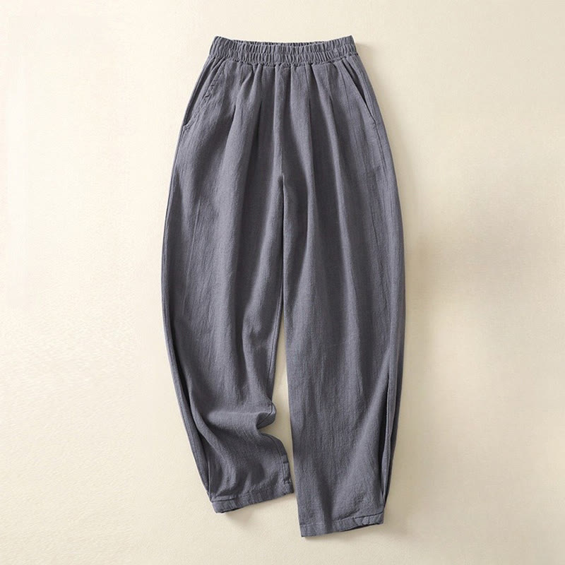 Pantalon femme polyvalent et décontracté en coton et lin avec ceinture élastique et poches, couleur unie, motif Buddha Stones