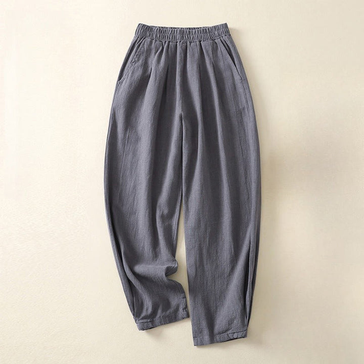 Pantalon femme polyvalent et décontracté en coton et lin avec ceinture élastique et poches, couleur unie, motif Buddha Stones