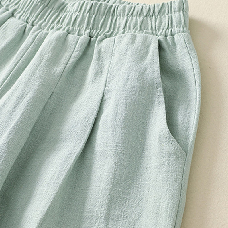Pantalon femme polyvalent et décontracté en coton et lin avec ceinture élastique et poches, couleur unie, motif Buddha Stones