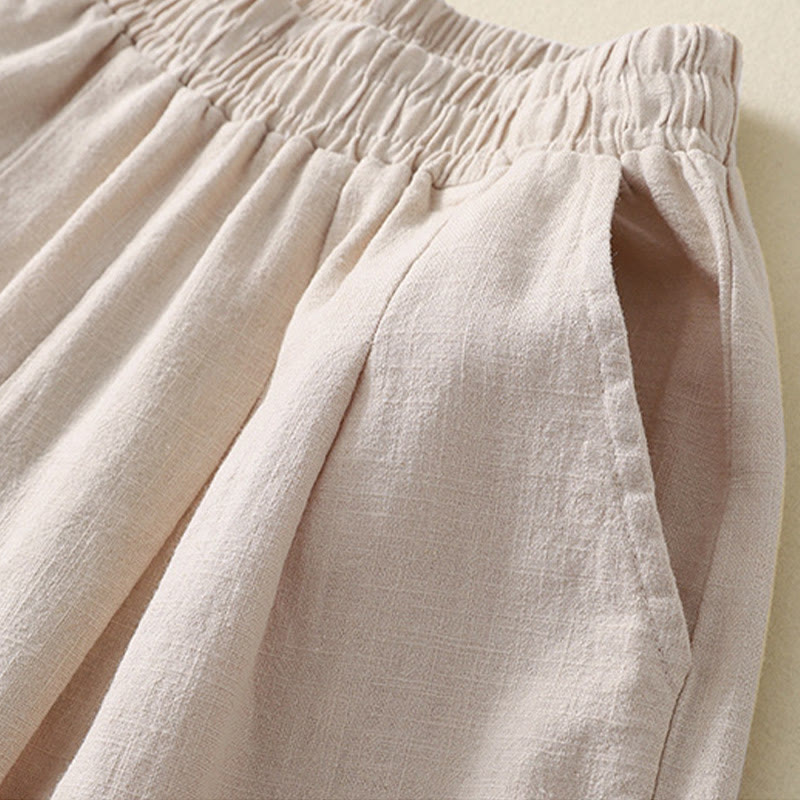 Pantalon femme polyvalent et décontracté en coton et lin avec ceinture élastique et poches, couleur unie, motif Buddha Stones