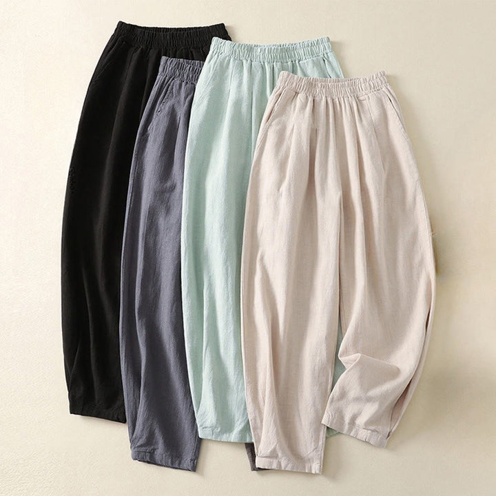 Pantalon femme polyvalent et décontracté en coton et lin avec ceinture élastique et poches, couleur unie, motif Buddha Stones