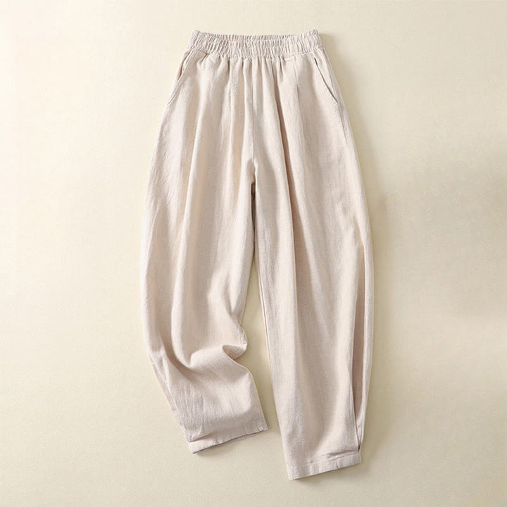 Pantalon femme polyvalent et décontracté en coton et lin avec ceinture élastique et poches, couleur unie, motif Buddha Stones